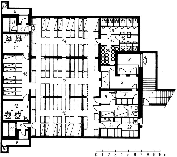 SKLONIŠTE, osnovne zaštite za 300 osoba: <i>1</i> ulazni hodnik, <i>2</i> ulazni predprostor, <i>3</i> ustava, <i>4</i> i <i>5</i> dekontaminacija, <i>6</i> medicinska pomoć, <i>7</i> zahod, <i>8</i> ustava, <i>9</i> hodnik pomoćnog izlaza, <i>10</i> okno pomoćnog izlaza, <i>11</i> pješčani predfiltri, <i>12</i> uređaji za filtriranje i ventilaciju te električni uređaji, <i>13-16</i> boravak, <i>17</i> zajednička pretprostorija, <i>18</i> i <i>19</i> zahodi, <i>20</i> otpadci i fekalije, <i>21</i> spremište i priprema hrane, <i>22</i> spremište vode